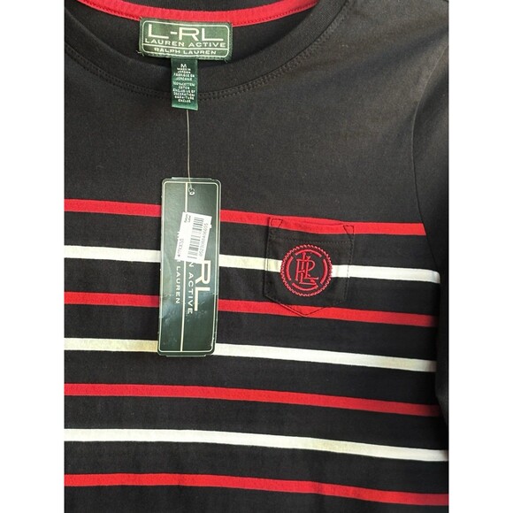 Lauren Ralph Lauren NWT Black w/ Red White Stripes LRL Crest  Womans Blouse Sz M - Picture 3 of 11
